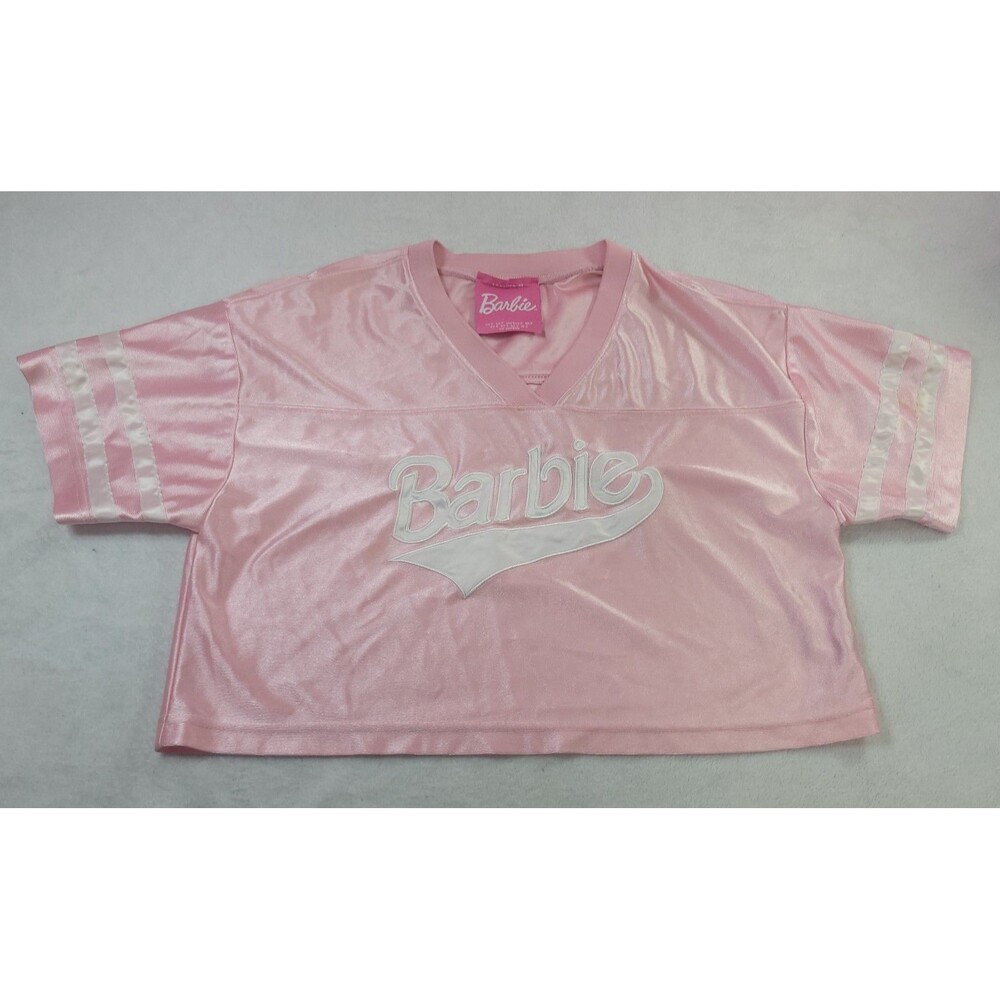 Forever 21 Barbie Pink Cropped V-Neck Athletic Jersey Shirt Women's Small